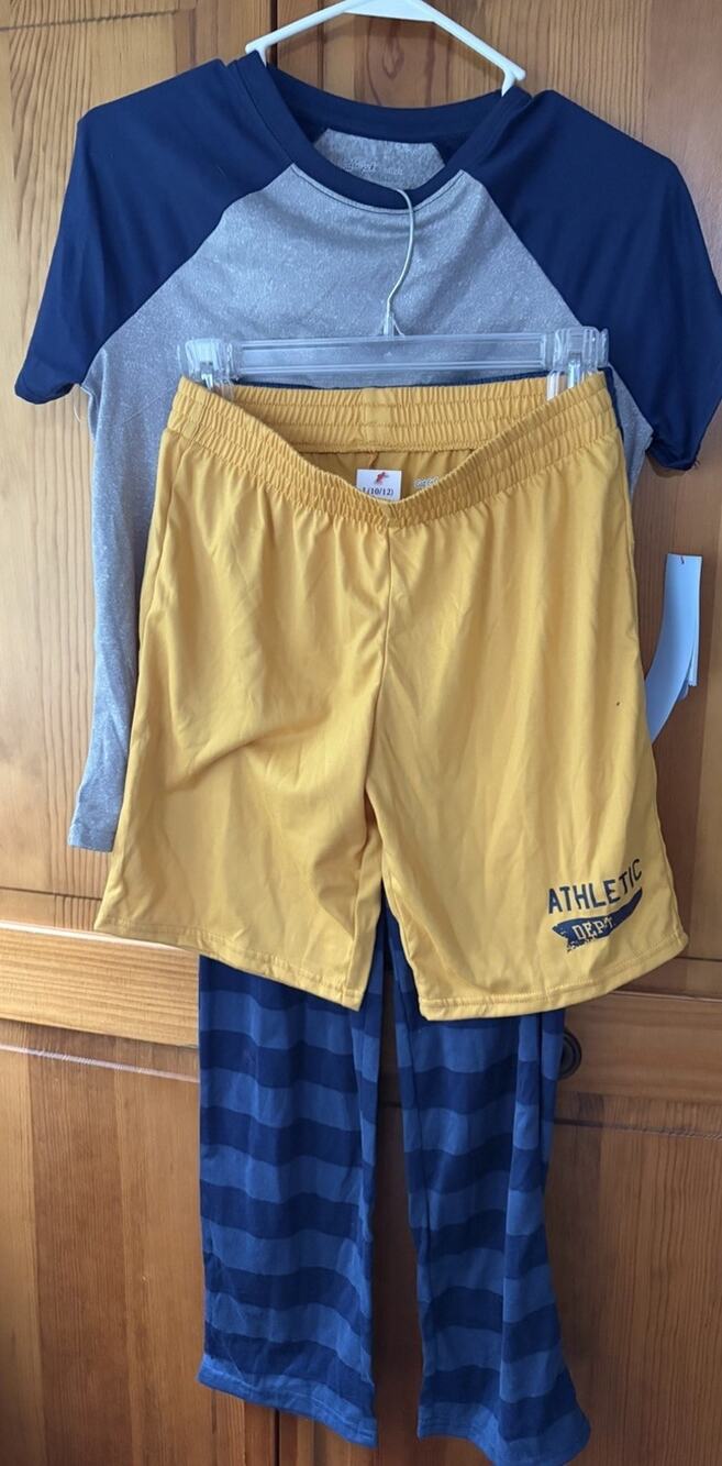 Cat & Jack Boy's Size L (10-12) Pajama 3 Pc Set Grey Top/Blue Plaid Pants NWT